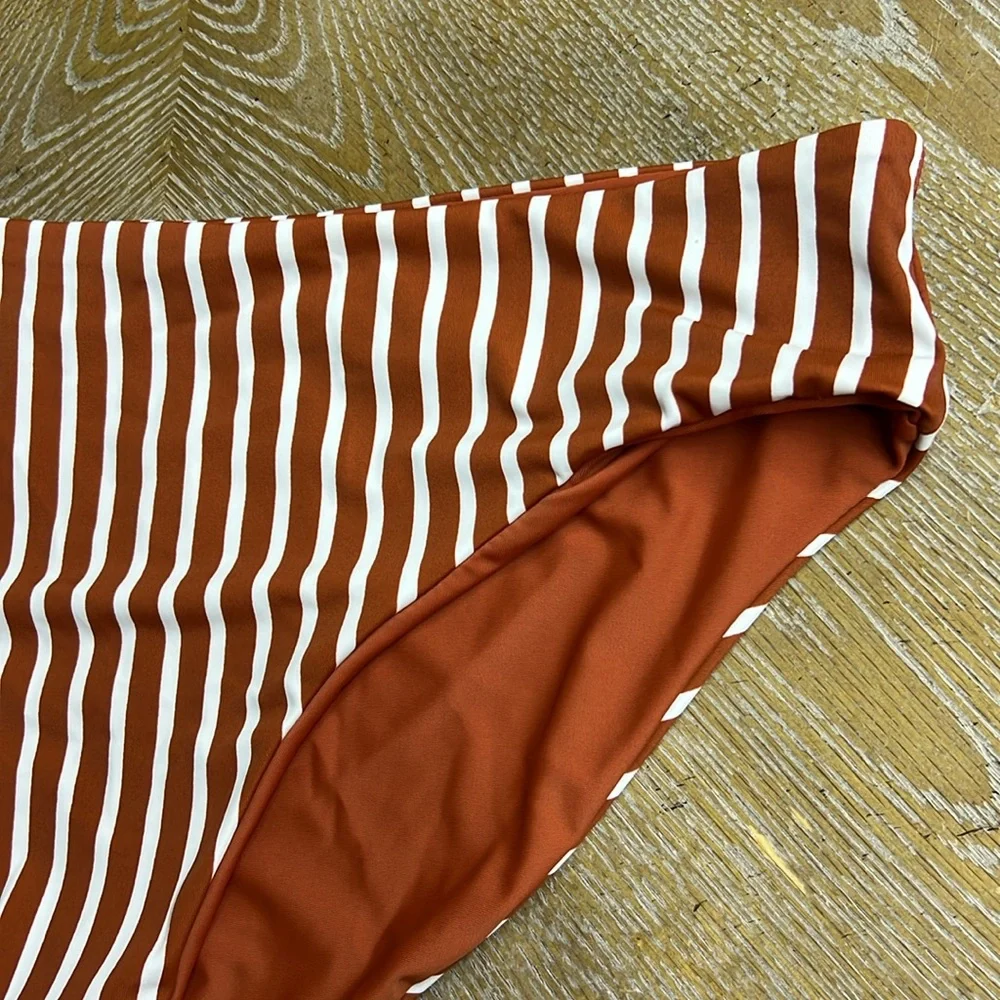KORAL REEF Plus Size Low Rise Reversible Brown White Stripes Bikini Bottoms